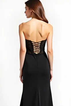 Mermaid Long Lace Up Back Black Tie Dress With Slit