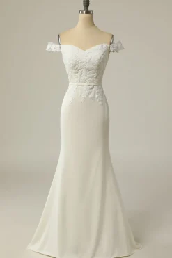 Mermaid Off the Shoulder White Wedding Dress with Appliques