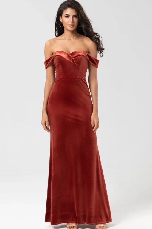 Mermaid Off the Shoulder Terracotta Velvet Bridesmaid Dress
