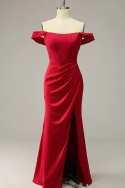 Mermaid Off the Shoulder Burgundy Plus Size Prom Dress with Split Front