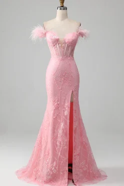 Mermaid Off the Shoulder Sparkly Pink Feathers Corset Prom Dress With Slit