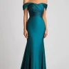 Mermaid Off The Shoulder Peacock Blue Satin Ruched Long Formal Dress