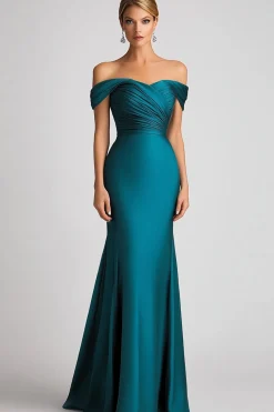Mermaid Off The Shoulder Peacock Blue Satin Ruched Long Formal Dress