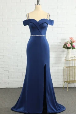Mermaid Off the Shoulder Navy Bridesmaid Dress with Beading
