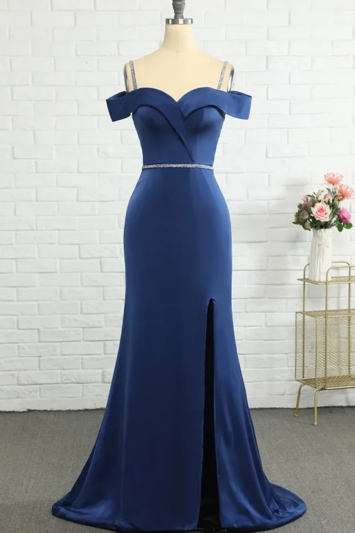 Mermaid Off the Shoulder Navy Bridesmaid Dress with Beading
