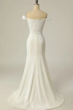 Mermaid Off the Shoulder White Wedding Dress with Appliques
