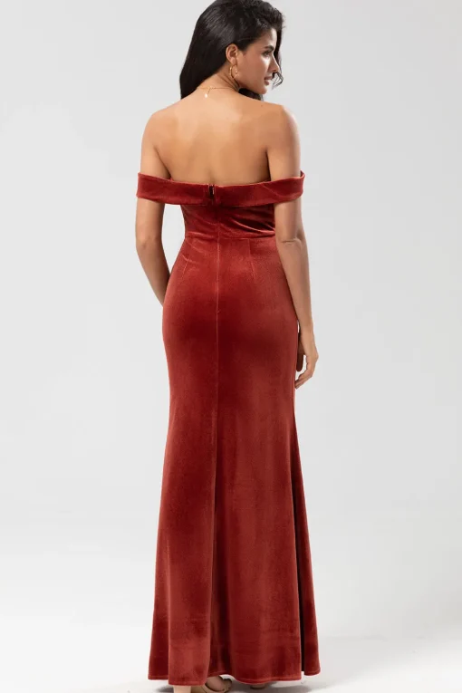 Mermaid Off the Shoulder Terracotta Velvet Bridesmaid Dress