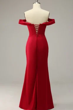 Mermaid Off the Shoulder Burgundy Plus Size Prom Dress with Split Front