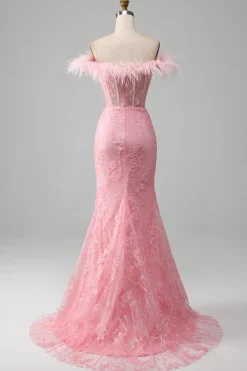 Mermaid Off the Shoulder Sparkly Pink Feathers Corset Prom Dress With Slit