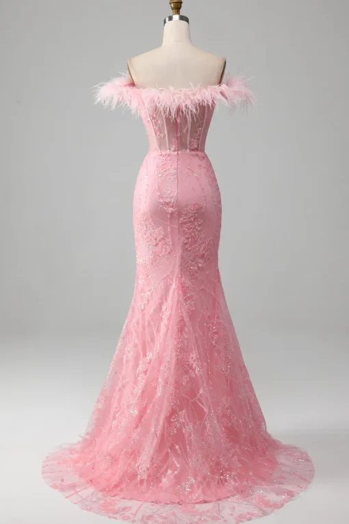 Mermaid Off the Shoulder Sparkly Pink Feathers Corset Prom Dress With Slit
