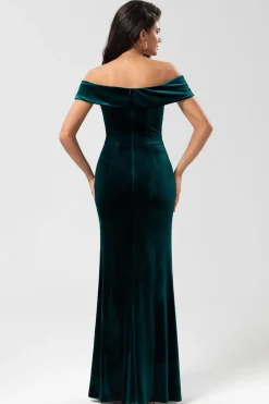 Mermaid Off the Shoulder Peacock Green Velvet Bridesmaid Dress