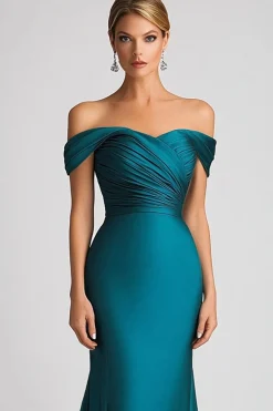 Mermaid Off The Shoulder Peacock Blue Satin Ruched Long Formal Dress