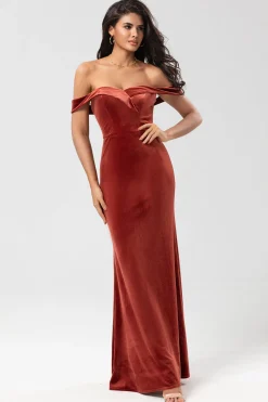 Mermaid Off the Shoulder Terracotta Velvet Bridesmaid Dress