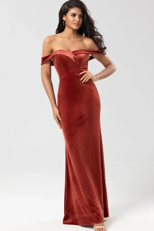 Mermaid Off the Shoulder Terracotta Velvet Bridesmaid Dress