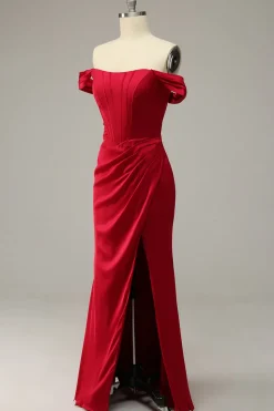 Mermaid Off the Shoulder Burgundy Plus Size Prom Dress with Split Front