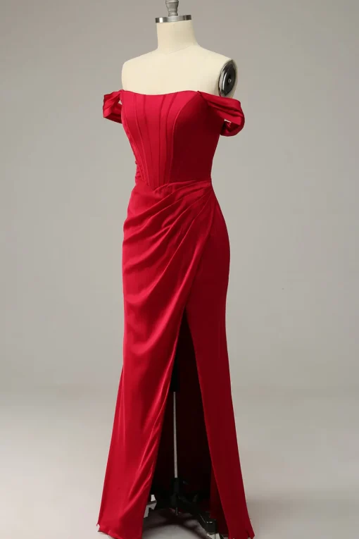 Mermaid Off the Shoulder Burgundy Plus Size Prom Dress with Split Front