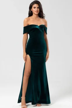Mermaid Off the Shoulder Peacock Green Velvet Bridesmaid Dress