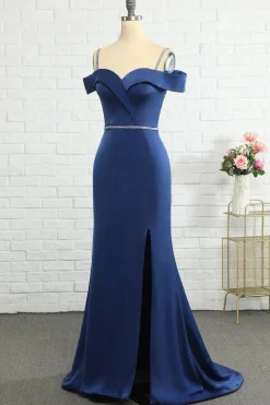 Mermaid Off the Shoulder Navy Bridesmaid Dress with Beading