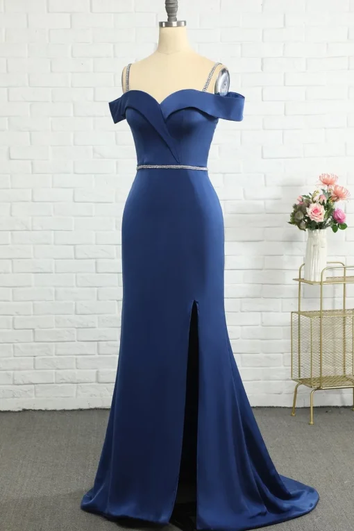 Mermaid Off the Shoulder Navy Bridesmaid Dress with Beading