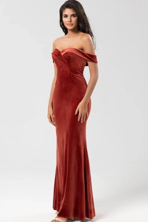 Mermaid Off the Shoulder Terracotta Velvet Bridesmaid Dress