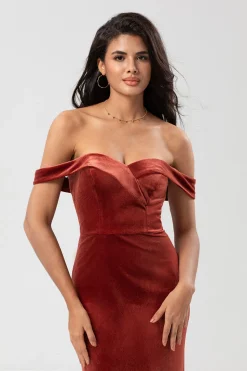 Mermaid Off the Shoulder Terracotta Velvet Bridesmaid Dress