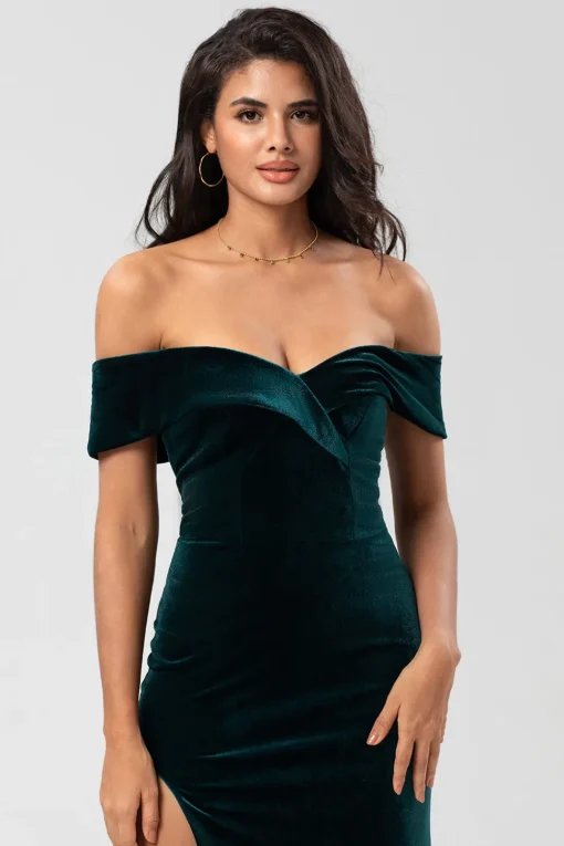 Mermaid Off the Shoulder Peacock Green Velvet Bridesmaid Dress