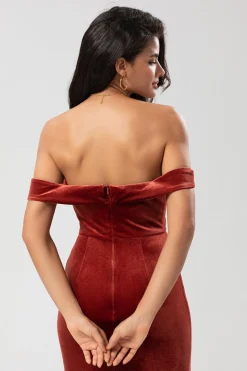 Mermaid Off the Shoulder Terracotta Velvet Bridesmaid Dress