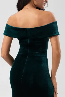 Mermaid Off the Shoulder Peacock Green Velvet Bridesmaid Dress