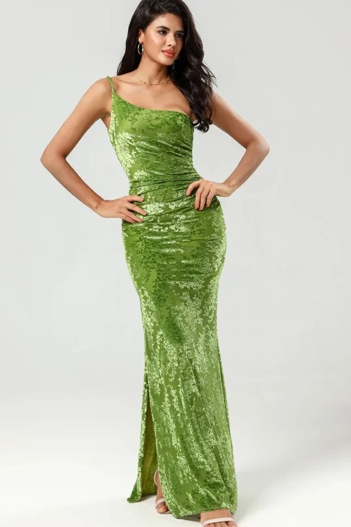 Mermaid One Shoulder Olive Velvet Bridesmaid Dress