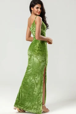 Mermaid One Shoulder Olive Velvet Bridesmaid Dress