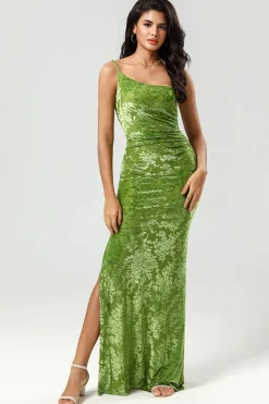 Mermaid One Shoulder Olive Velvet Bridesmaid Dress