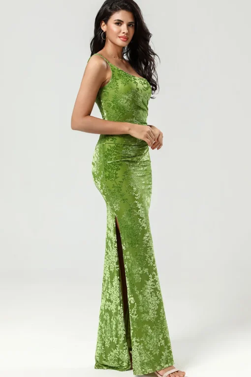 Mermaid One Shoulder Olive Velvet Bridesmaid Dress