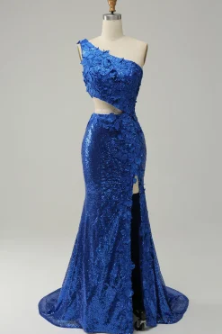 Mermaid One Shoulder Royal Blue Sequins Cut Out Prom Dress with Split Front