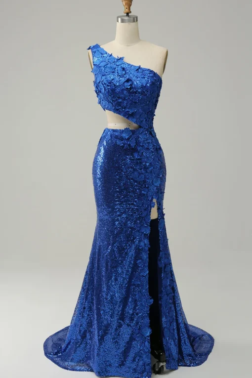 Mermaid One Shoulder Royal Blue Sequins Cut Out Prom Dress with Split Front