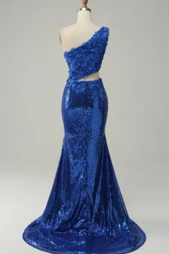Mermaid One Shoulder Royal Blue Sequins Cut Out Prom Dress with Split Front