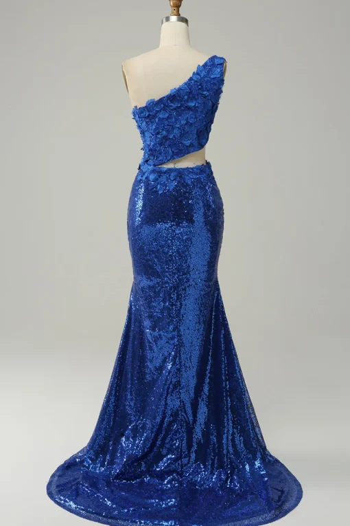 Mermaid One Shoulder Royal Blue Sequins Cut Out Prom Dress with Split Front