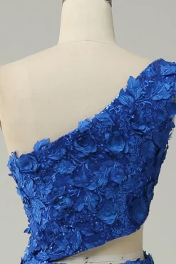 Mermaid One Shoulder Royal Blue Sequins Cut Out Prom Dress with Split Front