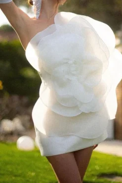 Mermaid One Shoulder Short White Graduation Dress with Big Flower