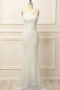 Mermaid One Shoulder White Sequins Long Prom Dress