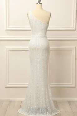 Mermaid One Shoulder White Sequins Long Prom Dress