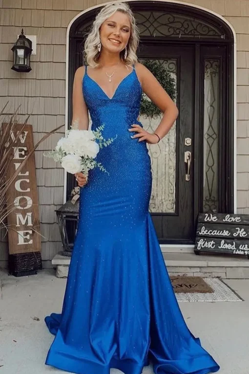 Mermaid Royal Blue Backless Long Prom Dress