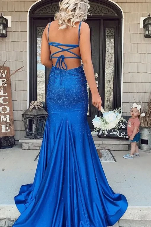 Mermaid Royal Blue Backless Long Prom Dress