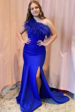 Mermaid Royal Blue One Shoulder Prom Dress with Feathers