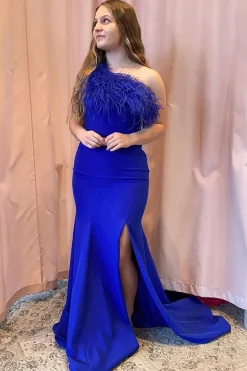 Mermaid Royal Blue One Shoulder Prom Dress with Feathers