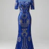 Mermaid Royal Blue Sparkly Prom Dress with Short Sleeves