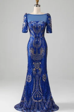 Mermaid Royal Blue Sparkly Prom Dress with Short Sleeves