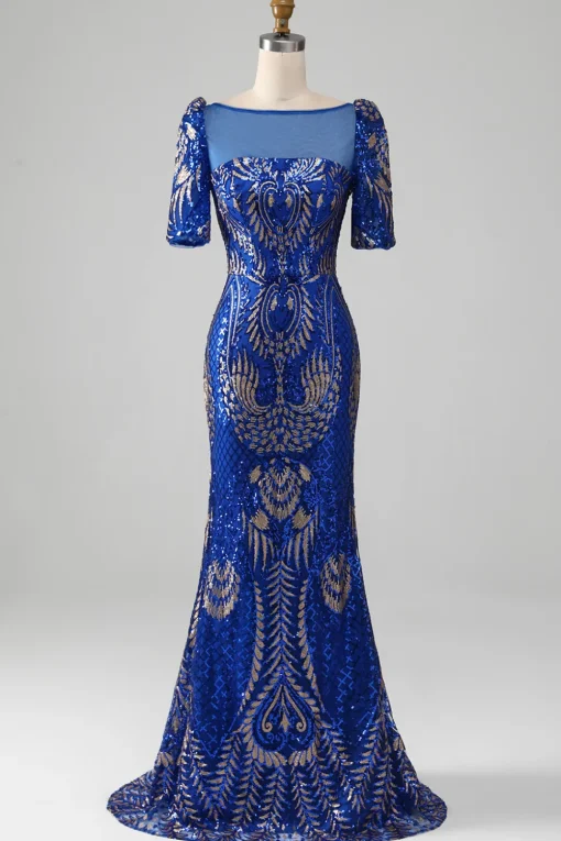 Mermaid Royal Blue Sparkly Prom Dress with Short Sleeves