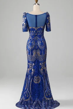 Mermaid Royal Blue Sparkly Prom Dress with Short Sleeves