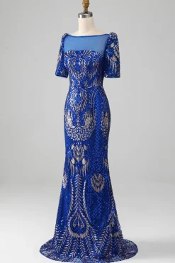 Mermaid Royal Blue Sparkly Prom Dress with Short Sleeves