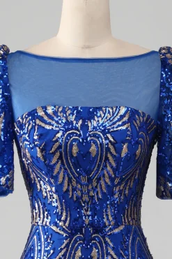 Mermaid Royal Blue Sparkly Prom Dress with Short Sleeves